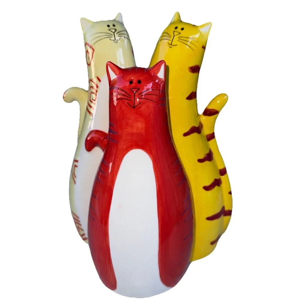 Bella Casa Whimsical Triple Cat Figurine Colorful Handpainted 9